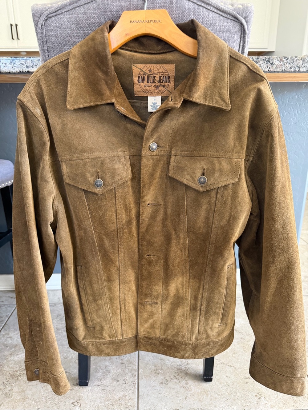 Vintage Gal Blue Jeans Brown Suede Leather Trucker Jacket - Size Medium